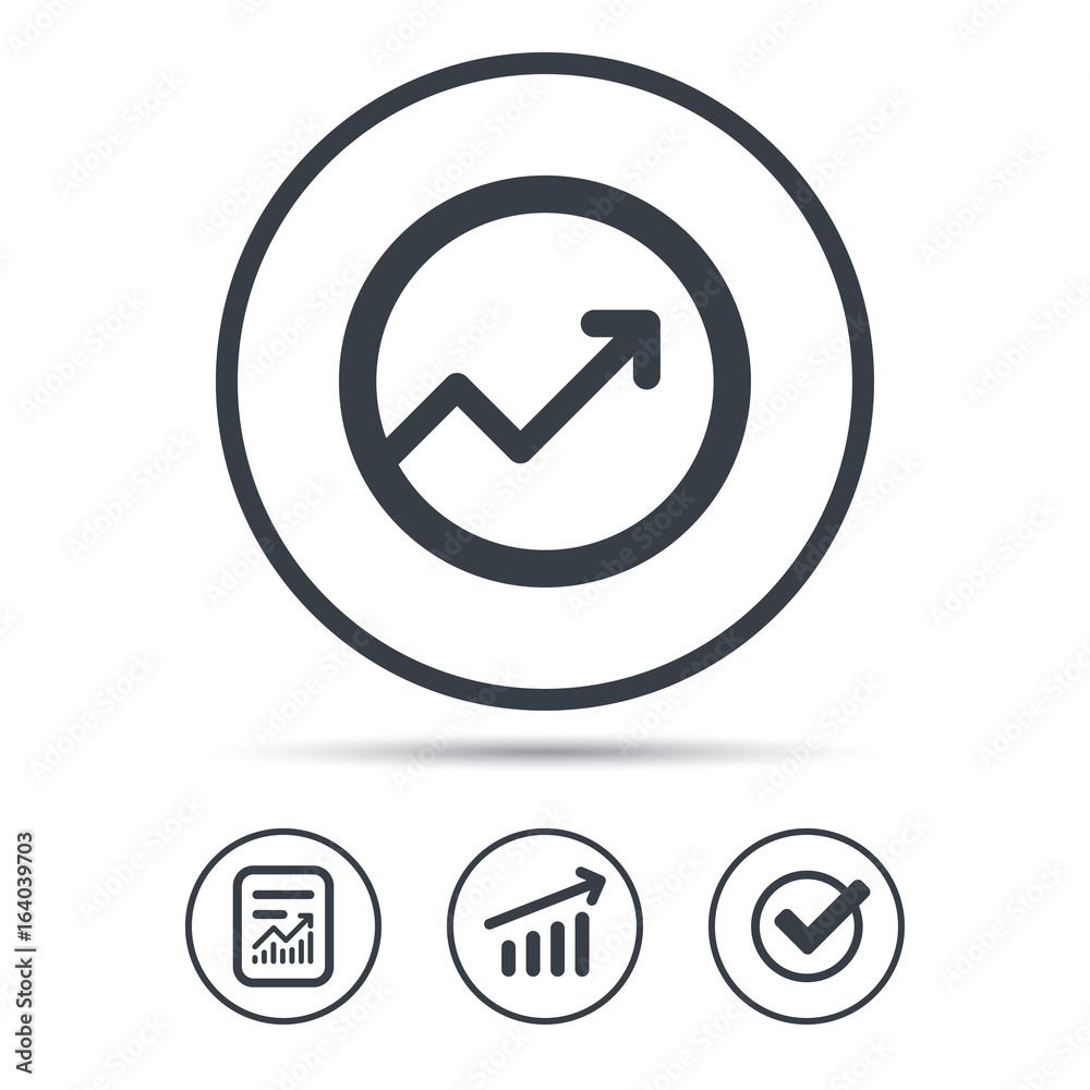 Growing graph icon. Business analytics chart symbol. Report document, Graph chart and Check signs. Circle web buttons. Vector Growing graph icon. Business analytics chart symbol. Report document, Graph chart and Check signs. Circle web buttons. Vector