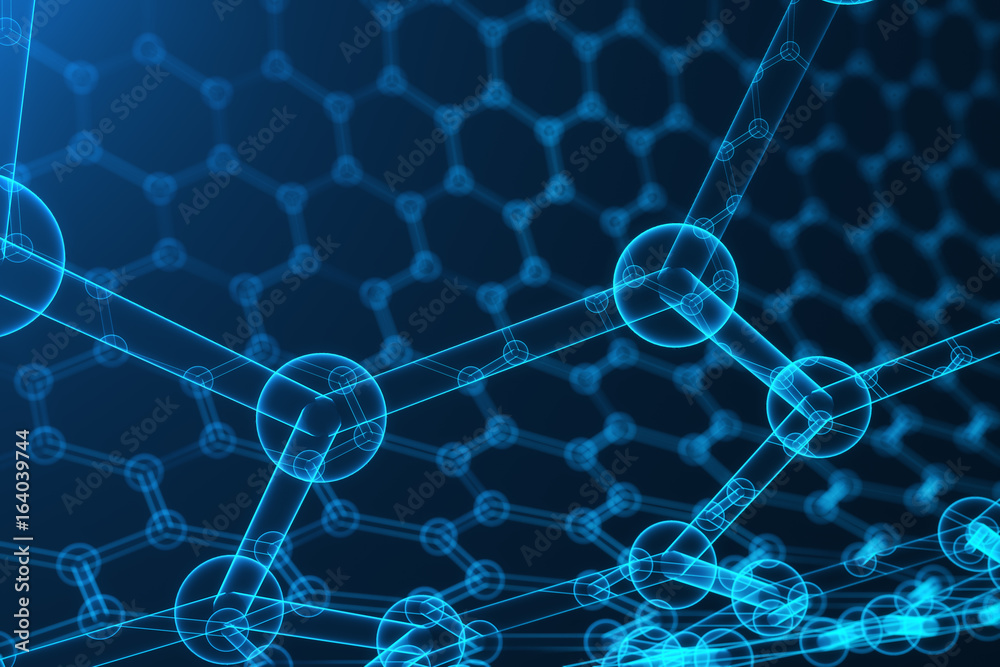 Obraz premium 3d rendering nanotechnology, glowing hexagonal geometric form close-up, concept graphene atomic structure, concept graphene molecular structure
