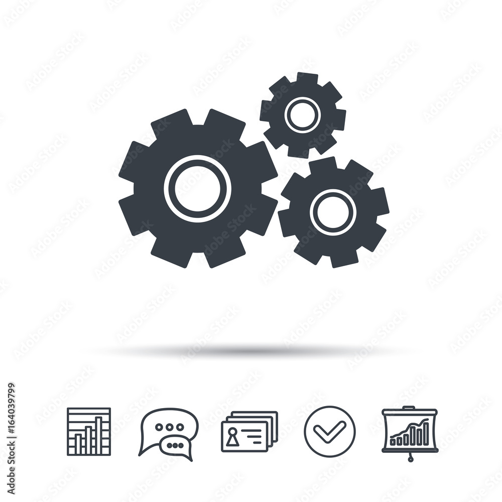 Cogwheels icon. Repair service symbol. Chat speech bubble, chart and presentation signs. Contacts and tick web icons. Vector Cogwheels icon. Repair service symbol. Chat speech bubble, chart and presentation signs. Contacts and tick web icons. Vector