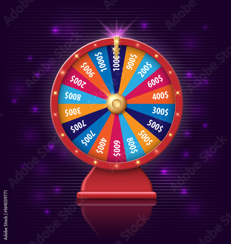 Wheel of fortune with glowing lamps for online casino, poker, roulette, slot machines, card games. realistic 3d wheel of fortune object isolated on dark violet background