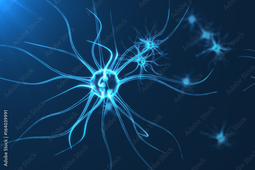 Conceptual illustration of neuron cells with glowing link knots. Synapse and Neuron cells sending electrical chemical signals. Neuron of Interconnected neurons with electrical pulses, 3D rendering Conceptual illustration of neuron cells with glowing link knots. Synapse and Neuron cells sending electrical chemical signals. Neuron of Interconnected neurons with electrical pulses, 3D rendering