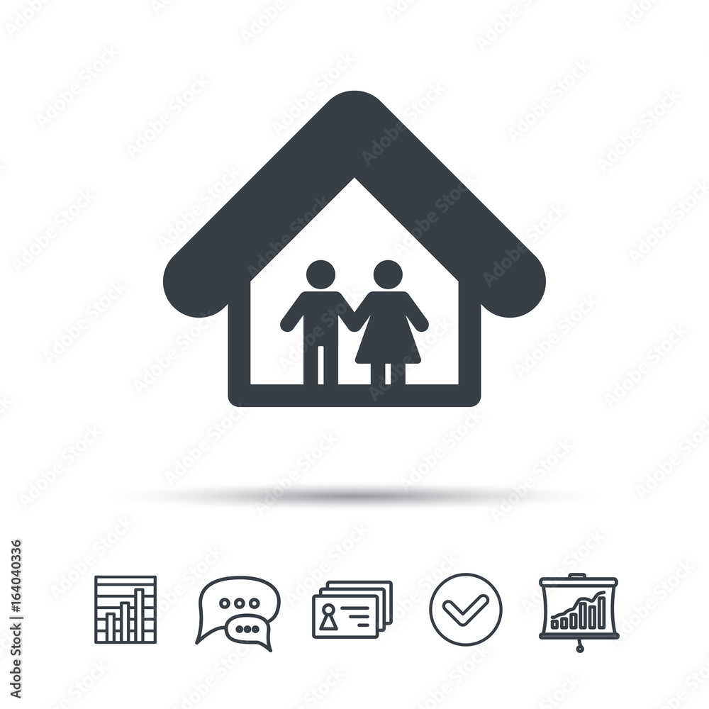 Family icon. Father and mother in home symbol. Chat speech bubble, chart and presentation signs. Contacts and tick web icons. Vector Family icon. Father and mother in home symbol. Chat speech bubble, chart and presentation signs. Contacts and tick web icons. Vector