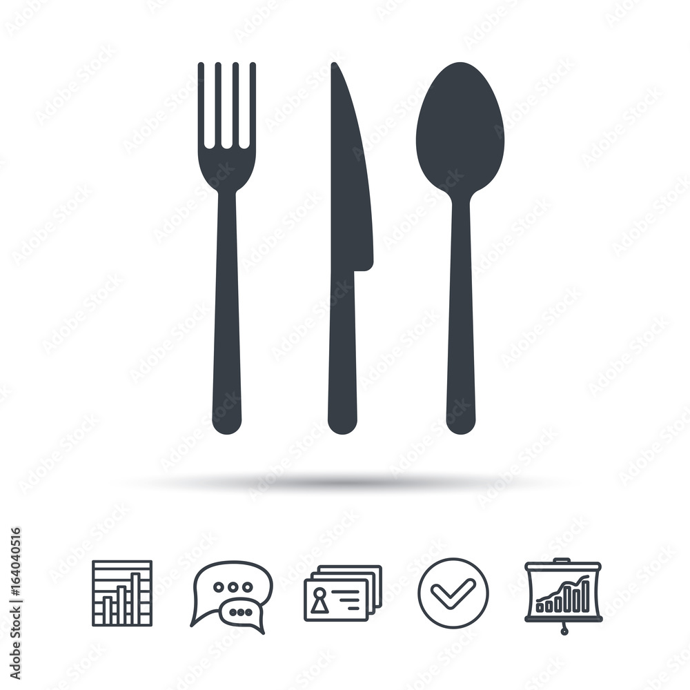 Fork, knife and spoon icons. Cutlery symbol. Chat speech bubble, chart and presentation signs. Contacts and tick web icons. Vector Fork, knife and spoon icons. Cutlery symbol. Chat speech bubble, chart and presentation signs. Contacts and tick web icons. Vector