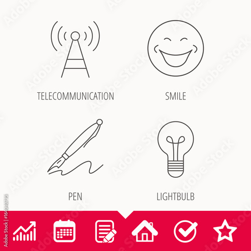 Pen, telecommunication and lightbulb icons. Smiling face linear sign. Edit document, Calendar and Graph chart signs. Star, Check and House web icons. Vector