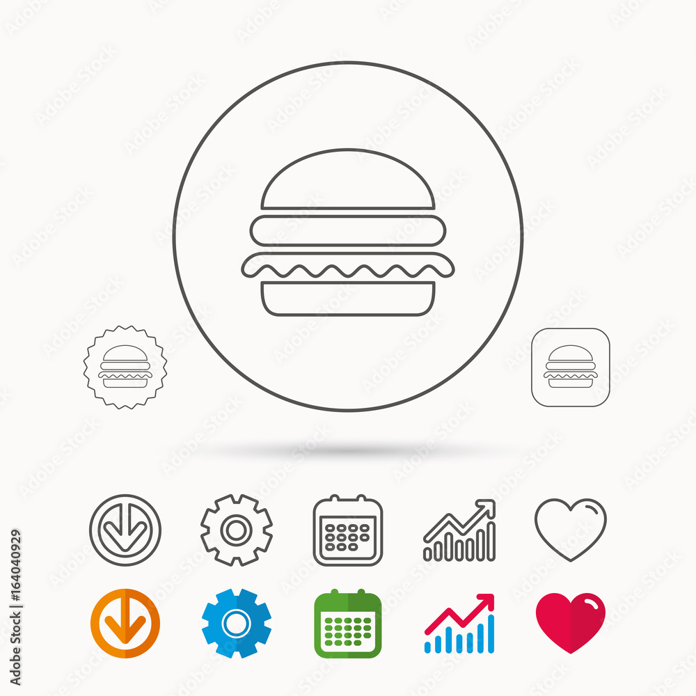 Hamburger icon. Fast food sign. Burger symbol. Calendar, Graph chart and Cogwheel signs. Download and Heart love linear web icons. Vector Hamburger icon. Fast food sign. Burger symbol. Calendar, Graph chart and Cogwheel signs. Download and Heart love linear web icons. Vector