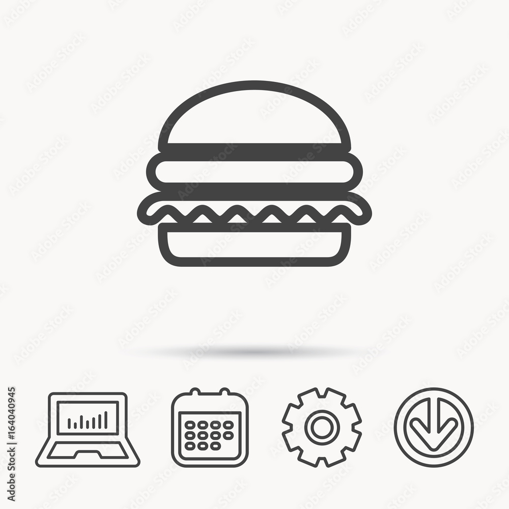 Hamburger icon. Fast food sign. Burger symbol. Notebook, Calendar and Cogwheel signs. Download arrow web icon. Vector Hamburger icon. Fast food sign. Burger symbol. Notebook, Calendar and Cogwheel signs. Download arrow web icon. Vector