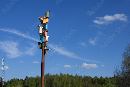 A lot of birdhouses at sky background