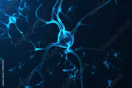 Conceptual illustration of neuron cells with glowing link knots. Synapse and Neuron cells sending electrical chemical signals. Neuron of Interconnected neurons with electrical pulses, 3D rendering © rost9