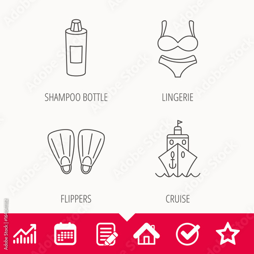 Cruise  swimming flippers and lingerie icons. Shampoo bottle linear sign. Edit document  Calendar and Graph chart signs. Star  Check and House web icons. Vector