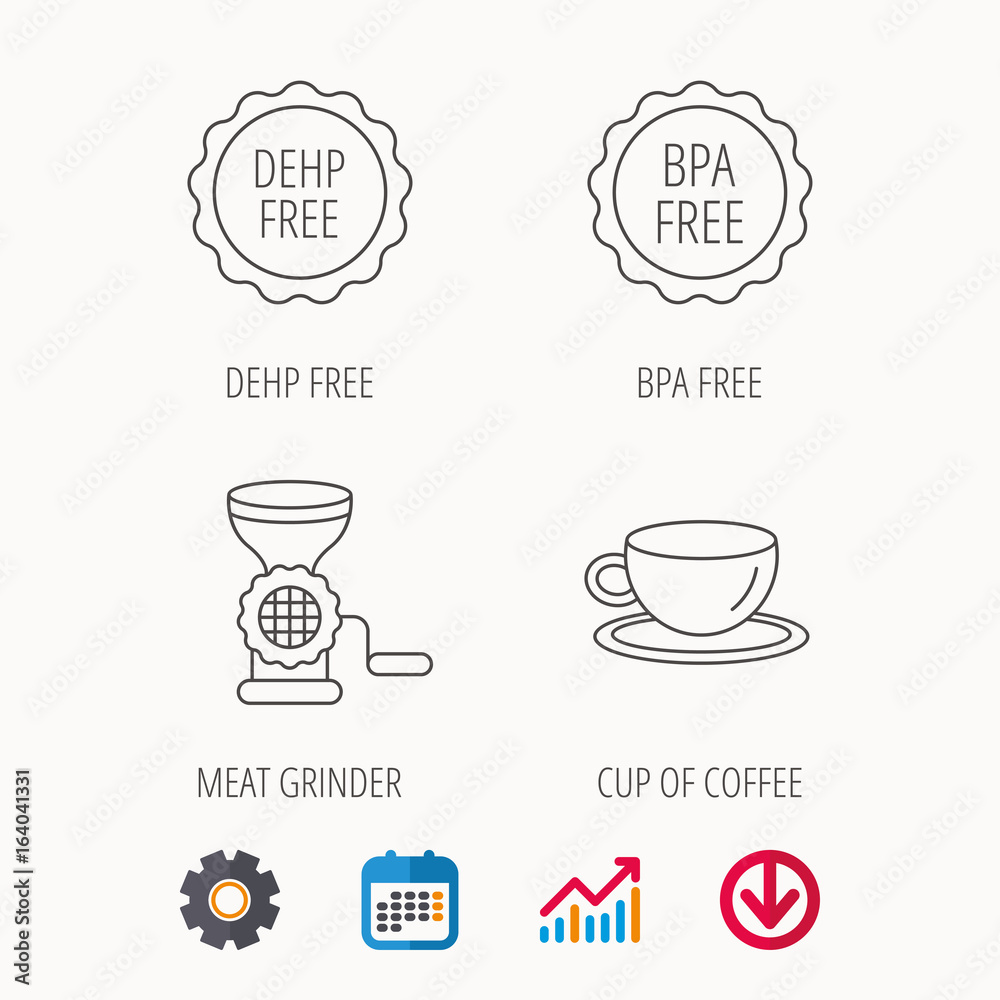 Coffee cup, meat grinder and BPA free icons. DEHP free linear sign. Calendar, Graph chart and Cogwheel signs. Download colored web icon. Vector