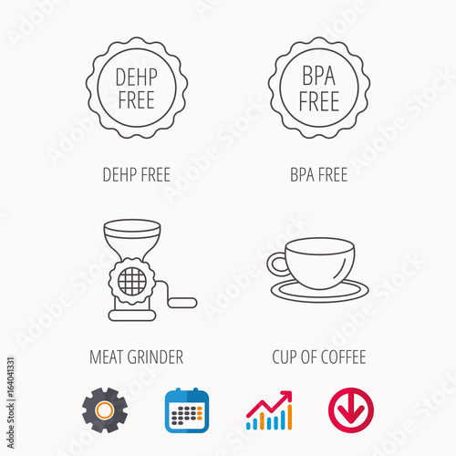 Coffee cup, meat grinder and BPA free icons. DEHP free linear sign. Calendar, Graph chart and Cogwheel signs. Download colored web icon. Vector