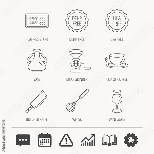 Coffee cup  butcher knife and wineglass icons. Meat grinder  whisk and vase linear signs. Heat-resistant  DEHP and BPA free icons. Education book  Graph chart and Chat signs. Vector