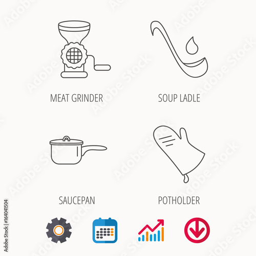 Soup ladle, potholder and kitchen utensils icons. Meat grinder and saucepan linear signs. Calendar, Graph chart and Cogwheel signs. Download colored web icon. Vector