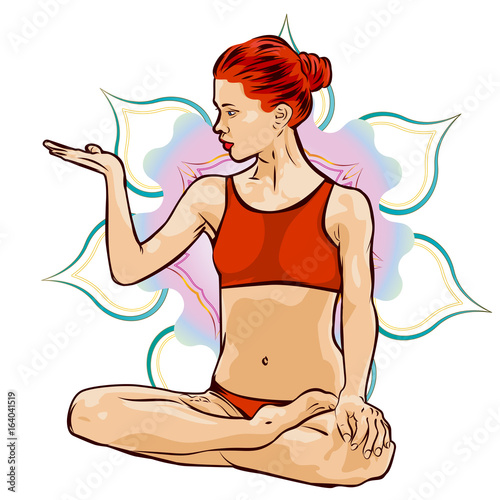 Woman doing yoga exercises. Mandala on the background. Vector image.