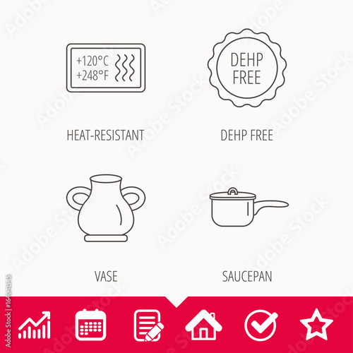Saucepan, vase and heat-resistant icons. DEHP free linear sign. Edit document, Calendar and Graph chart signs. Star, Check and House web icons. Vector