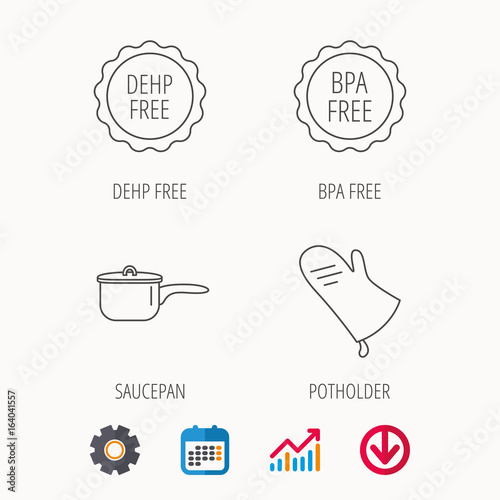 Saucepan, potholder and BPA free icons. DEHP free linear sign. Calendar, Graph chart and Cogwheel signs. Download colored web icon. Vector