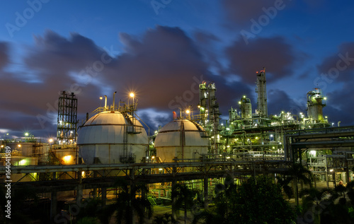 spherical storage gas in petrochemical plant at night