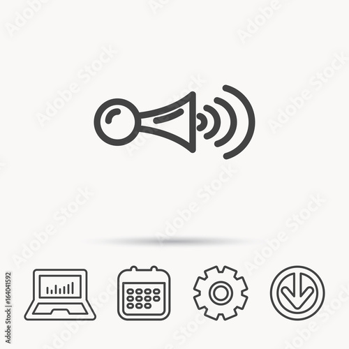 Klaxon signal icon. Car horn sign. Notebook, Calendar and Cogwheel signs. Download arrow web icon. Vector