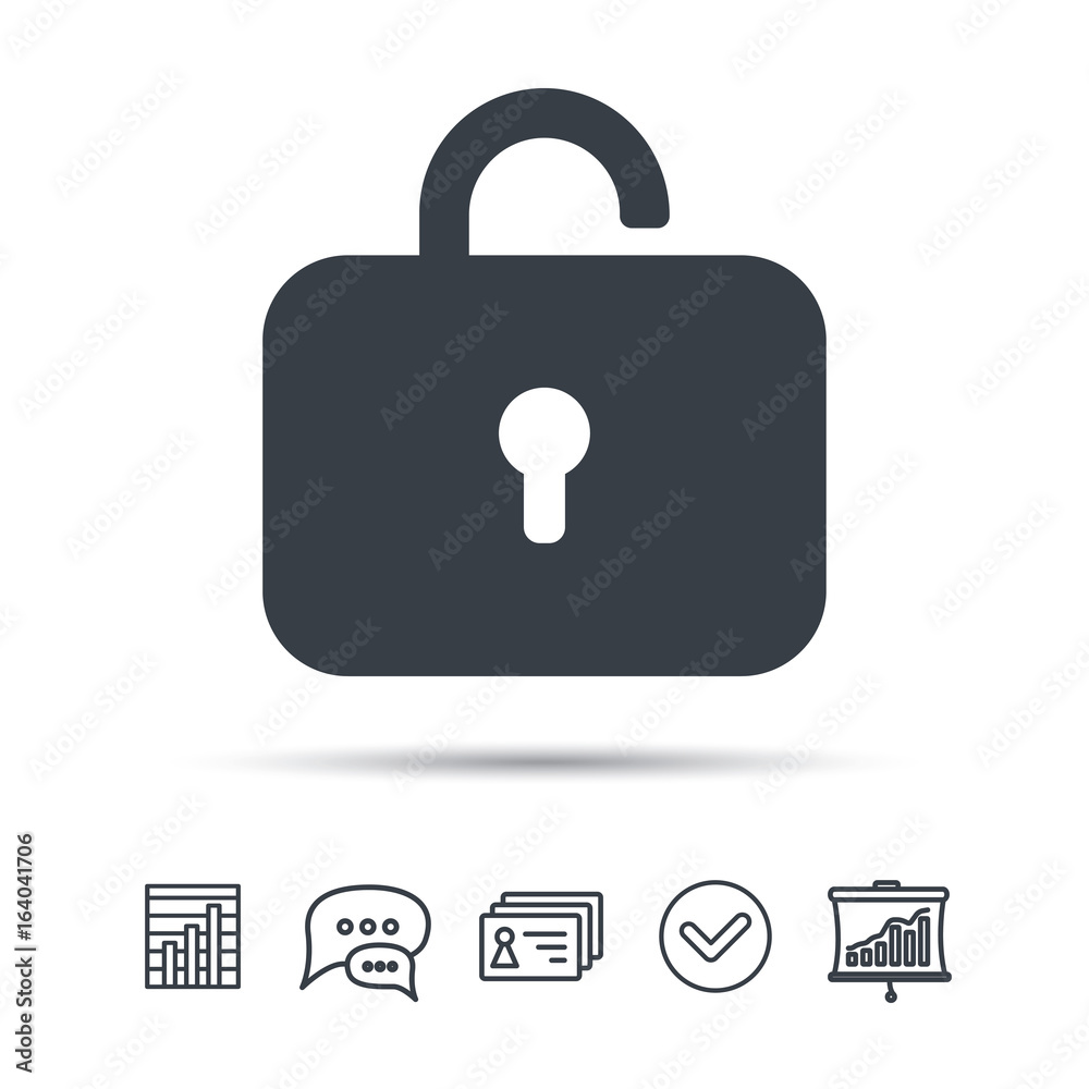 Lock icon. Privacy locker sign. Private access symbol. Chat speech bubble, chart and presentation signs. Contacts and tick web icons. Vector Lock icon. Privacy locker sign. Private access symbol. Chat speech bubble, chart and presentation signs. Contacts and tick web icons. Vector