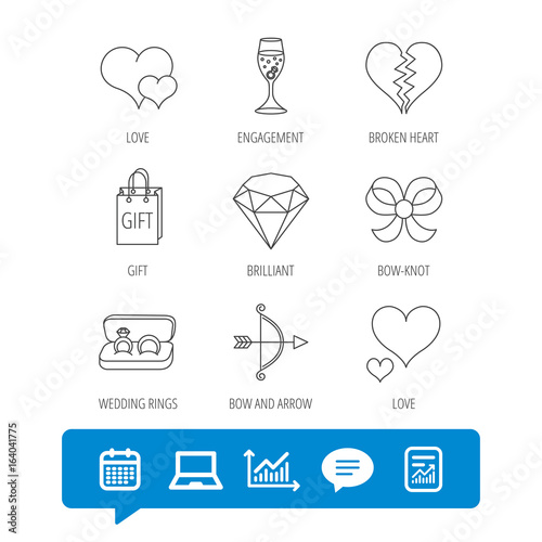 Love heart, gift box and wedding rings icons. Broken heart and engagement linear signs. Valentine amour arrow, brilliant flat line icons. Report file, Graph chart and Chat speech bubble signs. Vector