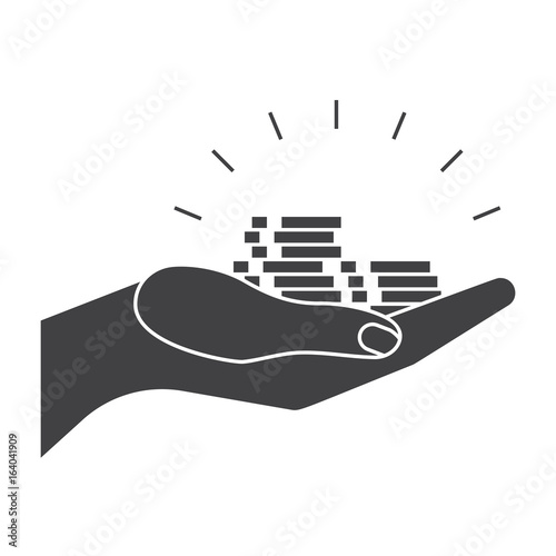 Profit concept with hand and coins, vector silhouette