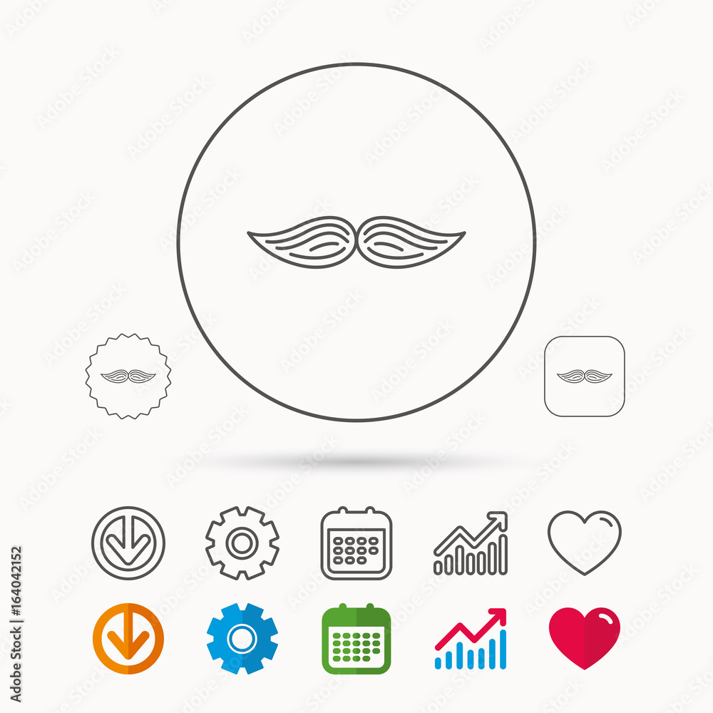 Mustache icon. Hipster symbol. Gentleman sign. Calendar, Graph chart and Cogwheel signs. Download and Heart love linear web icons. Vector Mustache icon. Hipster symbol. Gentleman sign. Calendar, Graph chart and Cogwheel signs. Download and Heart love linear web icons. Vector