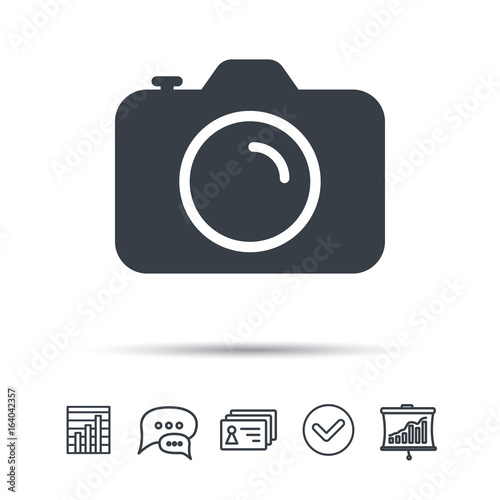 Camera icon. Professional photocamera symbol. Chat speech bubble, chart and presentation signs. Contacts and tick web icons. Vector