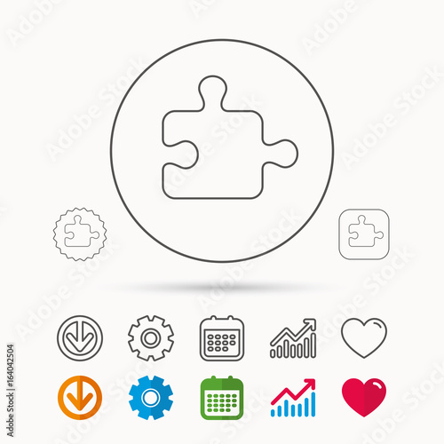 Puzzle icon. Jigsaw logical game sign. Boardgame piece symbol. Calendar, Graph chart and Cogwheel signs. Download and Heart love linear web icons. Vector