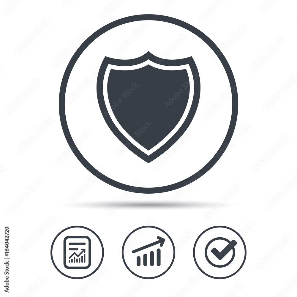 Shield protection icon. Defense equipment symbol. Report document, Graph chart and Check signs. Circle web buttons. Vector Shield protection icon. Defense equipment symbol. Report document, Graph chart and Check signs. Circle web buttons. Vector