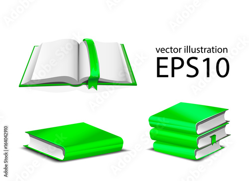 Vector Illustration of green books. Set of open and closed books
