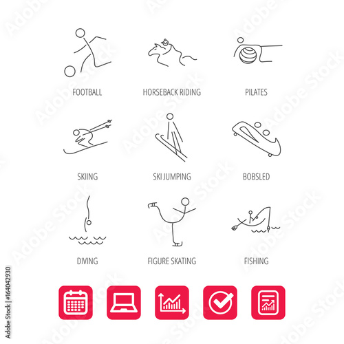 Pilates, football and skiing icons. Fishing, diving and figure skating linear signs. Ski jumping, horseback riding and bobsled icons. Report document, Graph chart and Calendar signs. Vector