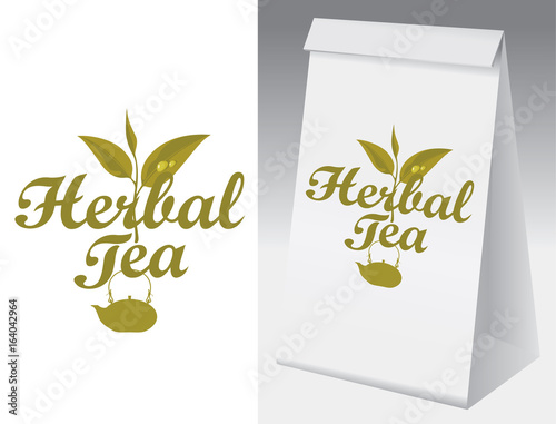 Paper packaging with label for herbal tea. Vector label for herbal tea with branch with leaves tea and paper 3d package with this label.