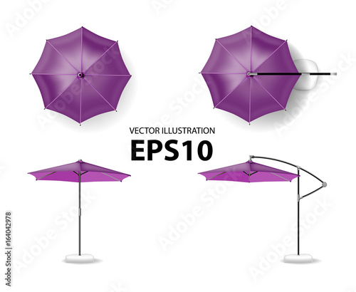 Open purple umbrella for summer and beach cafe. Vector illustration view of the top, side view
