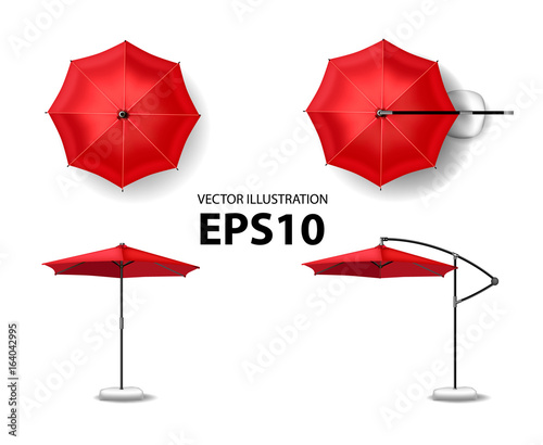 Open red umbrella for summer and beach cafe. Vector illustration view of the top, side view
