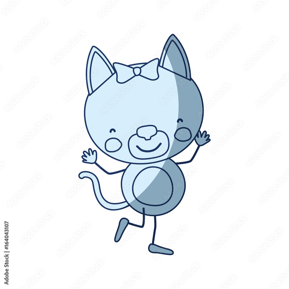 blue color shading silhouette caricature of cute expression female cat in dance pose with bow lace vector illustration
