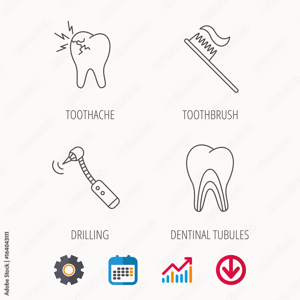 Toothache, drilling tool and toothbrush icons. Dentinal tubules linear sign. Calendar, Graph chart and Cogwheel signs. Download colored web icon. Vector Toothache, drilling tool and toothbrush icons. Dentinal tubules linear sign. Calendar, Graph chart and Cogwheel signs. Download colored web icon. Vector