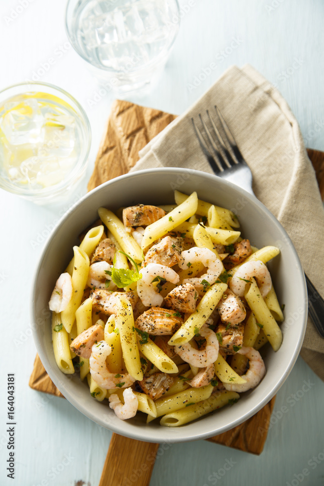 Pasta with fried salmon and shrimps Pasta with fried salmon and shrimps