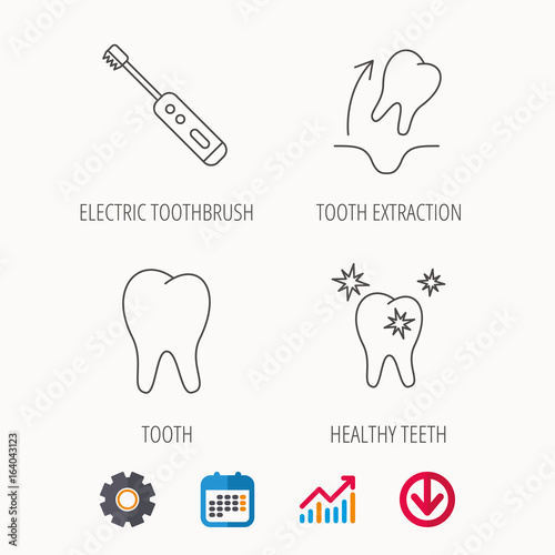 Tooth extraction  electric toothbrush icons. Healthy teeth linear sign. Calendar  Graph chart and Cogwheel signs. Download colored web icon. Vector