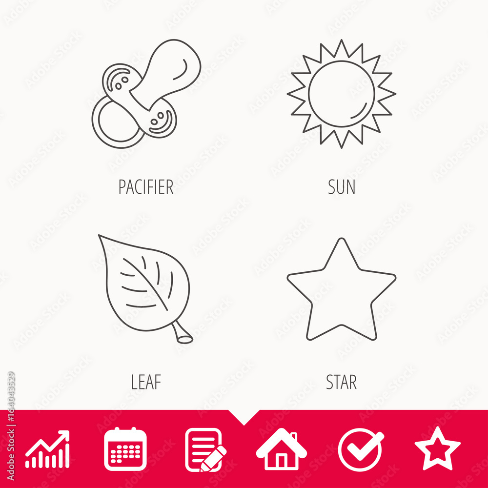 Obraz premium Leaf, star and sun icons. Pacifier linear sign. Edit document, Calendar and Graph chart signs. Star, Check and House web icons. Vector