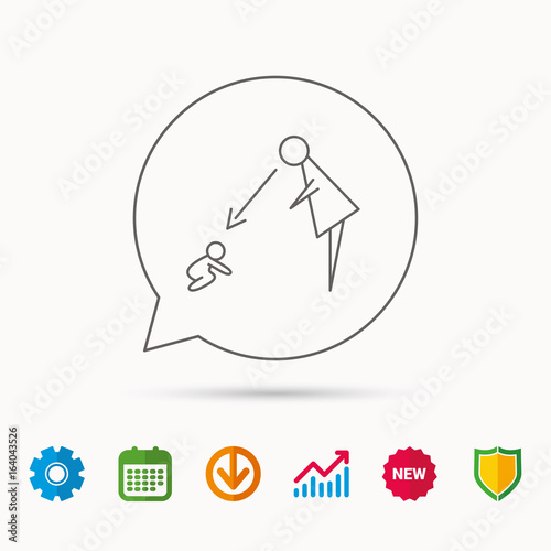 Under nanny supervision icon. Babysitting care sign. Mother watching baby symbol. Calendar, Graph chart and Cogwheel signs. Download and Shield web icons. Vector