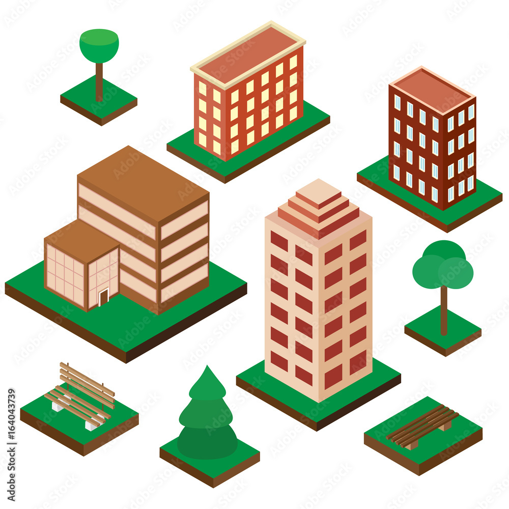 A set of houses in an isometric projection. 