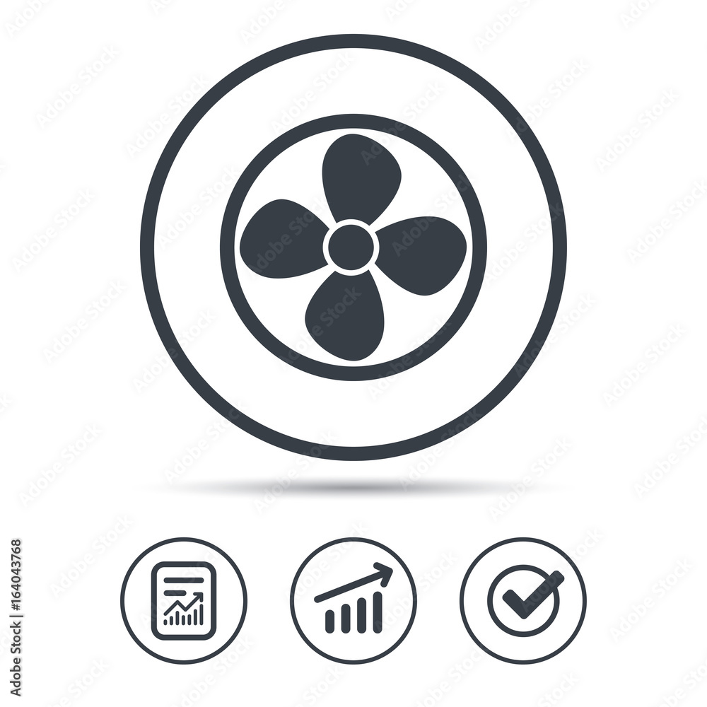 Ventilation icon. Air ventilator or fan symbol. Report document, Graph chart and Check signs. Circle web buttons. Vector Ventilation icon. Air ventilator or fan symbol. Report document, Graph chart and Check signs. Circle web buttons. Vector