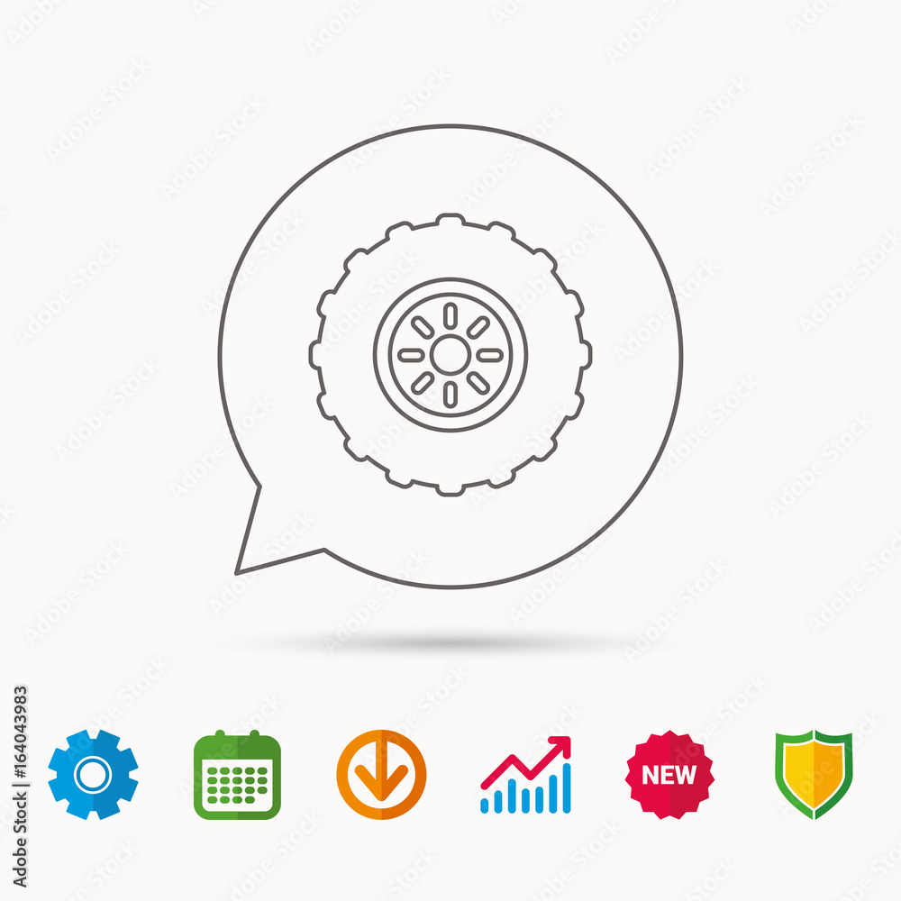 Tractor wheel icon. Tire service sign. Calendar, Graph chart and Cogwheel signs. Download and Shield web icons. Vector Tractor wheel icon. Tire service sign. Calendar, Graph chart and Cogwheel signs. Download and Shield web icons. Vector