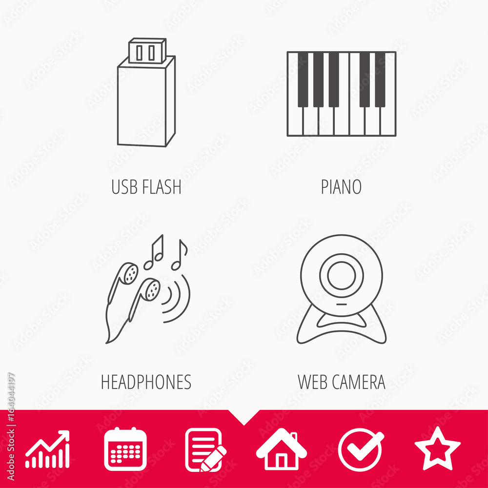 Headphones, web camera and USB flash icons. Piano linear sign. Edit document, Calendar and Graph chart signs. Star, Check and House web icons. Vector Headphones, web camera and USB flash icons. Piano linear sign. Edit document, Calendar and Graph chart signs. Star, Check and House web icons. Vector