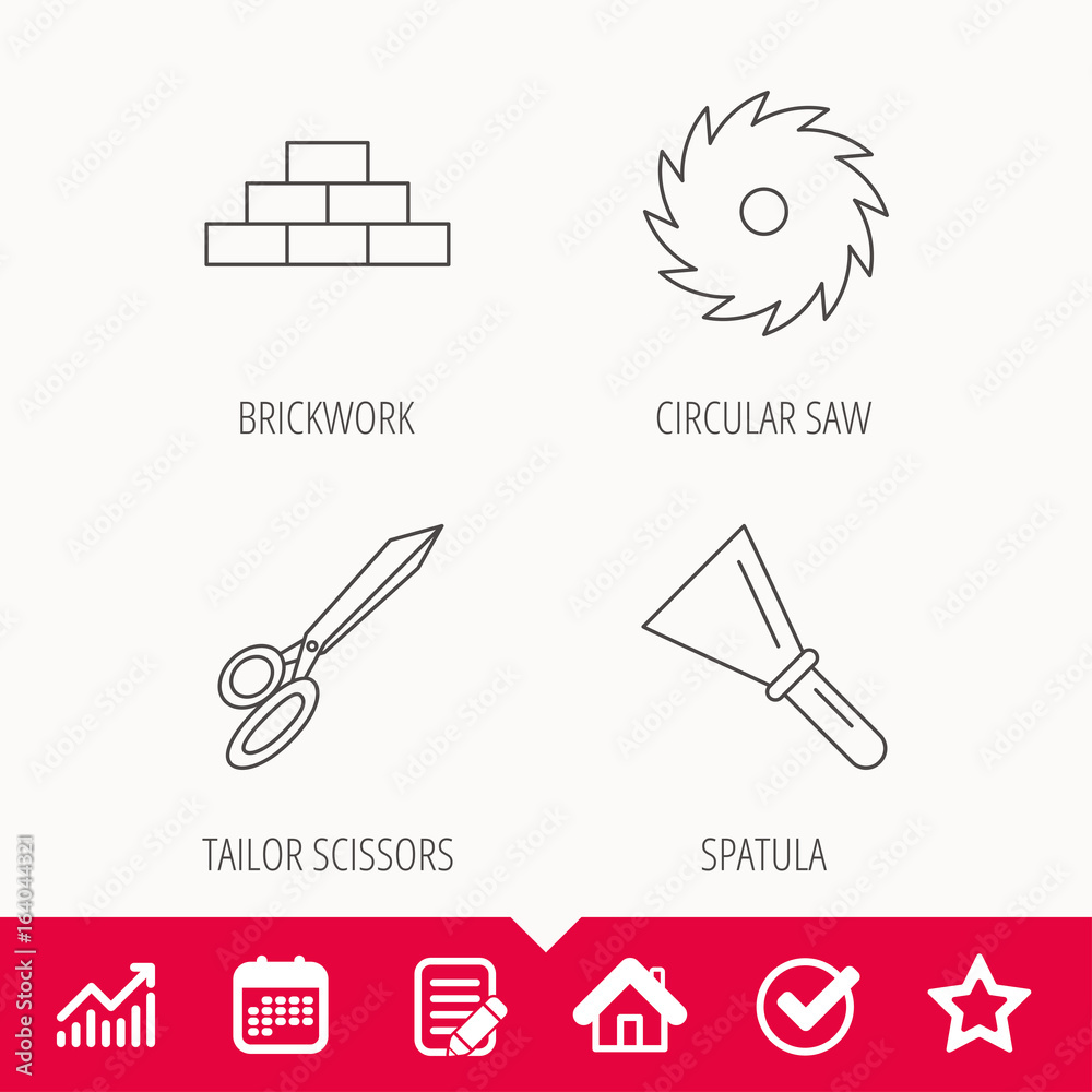 Wall, spatula and scissors icons. Circular saw linear sign. Edit document, Calendar and Graph chart signs. Star, Check and House web icons. Vector Wall, spatula and scissors icons. Circular saw linear sign. Edit document, Calendar and Graph chart signs. Star, Check and House web icons. Vector