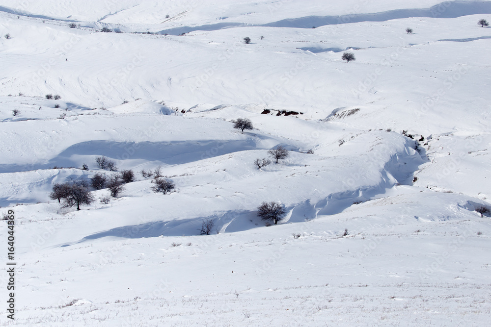 White snow in the steppes of Kazakhstan in winter