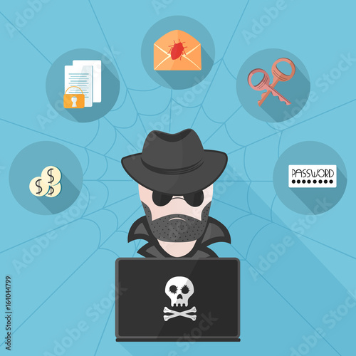 A bearded hacker in a raincoat wearing dark glasses and a hat behind a computer with a skull. Cyber Attack. Documents, letter, keys, password Vector icons in a flat style