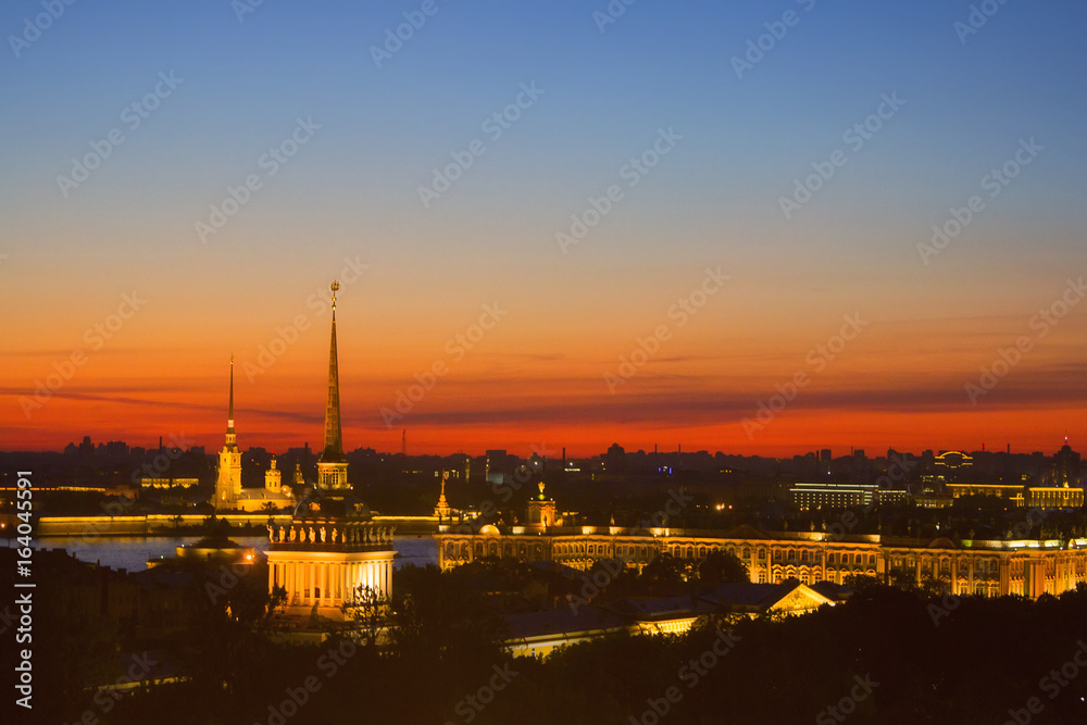 White night in Saint Petersburg, Russia. Travel and Business background. Admiralty ,Peter and Paul Fortress and Winter Palace at summer. View from St. Isaac's Cathedral . 