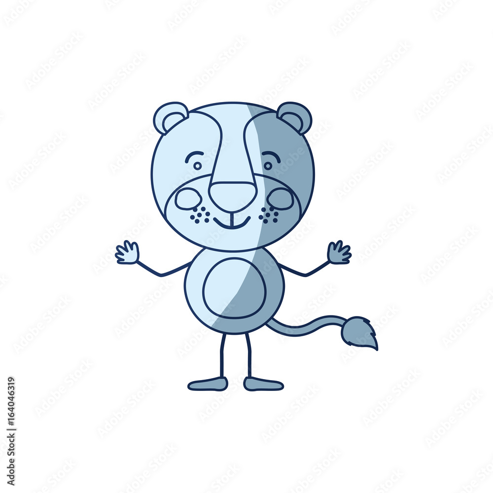 blue color shading silhouette caricature of tiger without stripes in happiness expression vector illustration