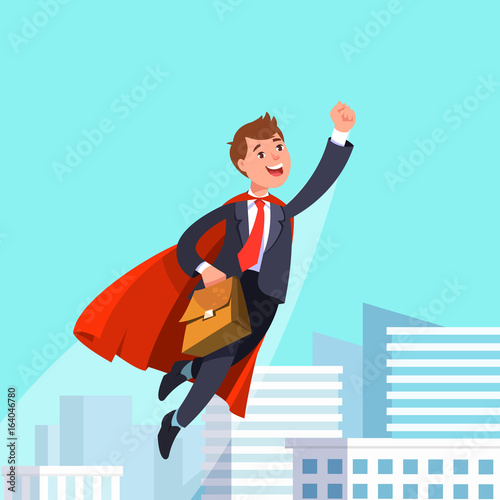 Vector illustration of happy businessman flying in business suit and red cape. Business man superhero holding hand up flies swiftly on the background of the modern urban landscape